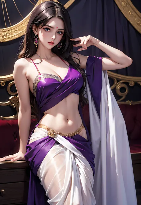 russian beautiful girl in dark purple indian saree, red blouse, white saree, mat saree, very small cleavage line, medium breast, beautiful blue eyes, medium
