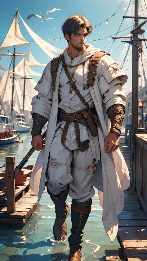 (a young fisherman:1.1, commoner:0.9), (medieval fantasy theme:1.1), (afternoon:1.1), (tattered white clothes:1.1), walking on the harbor dock.

(best quality,4k,8k,highres,masterpiece:1.2), ultra-detailed, (realistic,photorealistic,photo-realistic:1.37), ...