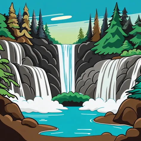 /Imagine Prompt: Waterfall illustration for banner on white background, bold outline style, irregular, Trashcore, light shading