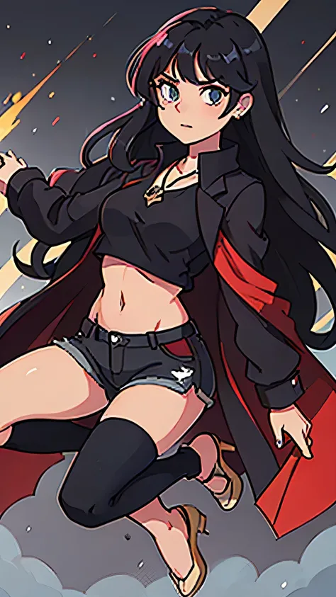 A brown girl medium sized and good ass with sexy legs with long black hair and blue eyes wear a black form-fitting crop top that showcases your curves, paired with black skinny jeans shorts that accentuate your physique.with a red overcoat shirt .The outfi...