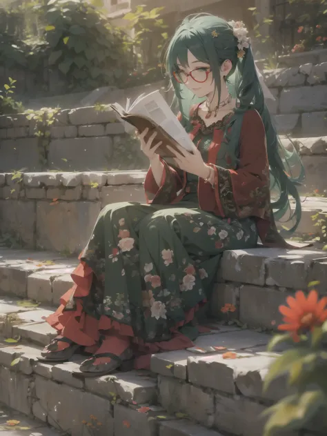 (ultra-detailed,realistic),outdoor scene,girl sitting on the long stone stairs,smile,reading a book,wearing red glasses,deep green hair,long hair,with a hairpin,wearing a long skirt with green floral pattern,sunlight,colorful flowers, 