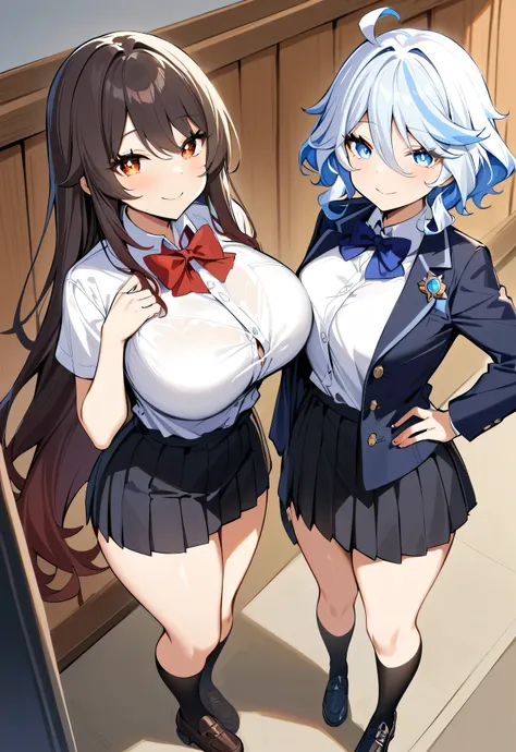 furina(genshin impact),hu_tao(genshin impact),from above,2girls,masterpiece, best quality, highres, JK,huge tit,full body,breasts,looking at viewer,smile,pleated skirt,shirt tucked in,skirt,tented shirt,bowtie,in school