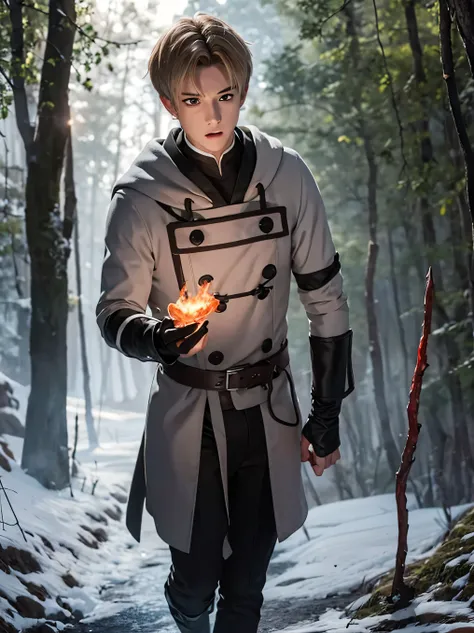 1male, rudeus greyrat, red eyes, handsome, angry, casting  magic fireballs, full body,  grey clothes, realistic clothes, detail clothes, forest background, holding a staff, magic fire, blood splatter, depth of field, night, red light particles, light rays,...