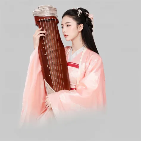 UHD, masterpiece, anatomically correct, textured skin, super detail, high details, high quality, best quality, highres,16k,Chinese woman in pink dress holding guzheng instrument, Wearing Chinese clothing, traditional, wearing chinese clothes, Photorealism,...