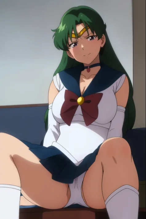 (anime:1.4), highest quality, White pantieasterpiece,Cowboy Shot,spread legs、show white panties,White shorts,
One girl, Sailor Neptune, White pantiesが見える、Mature Woman, Old age,Medium chest, Aqua Eye, Dark green hair, Medium Hair, (Sailor Warrior Uniforms:1...