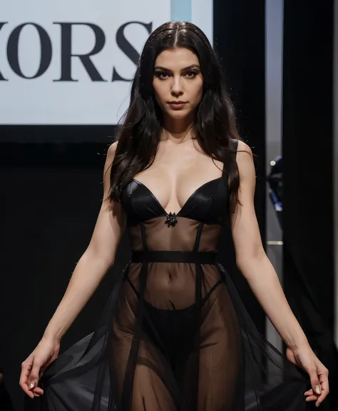 Widow in transparent black tulle dress on the catwalk, without a bra