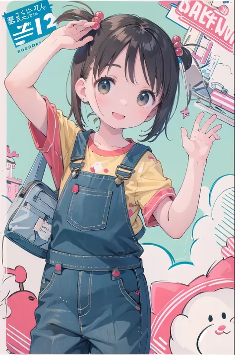 8-year-old、pretty girl、overalls、a happy smile