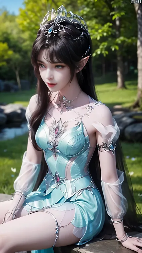 8k, masterpiece, a close up of a woman in a green dress, (cylindrical thigh), a beautiful fantasy empress, beautiful fantasy maiden, fantasy art style, trending on cgstation, beautiful and elegant elf queen, beautiful maiden, shining skin, intricate ornate...