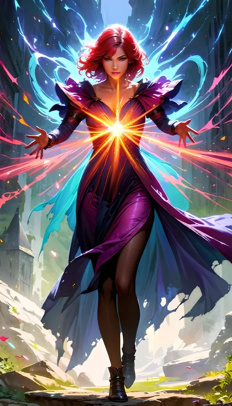 (best quality,4k,8k,highres,masterpiece:1.2),(full silhouette:1.5),(full shot:1.4), ultra-detailed,(realistic,photorealistic,photo-realistic:1.37),Witch,RPG,Sorceress,Magic,Red-haired Woman,beautiful detailed eyes,beautiful detailed lips,extremely detailed...