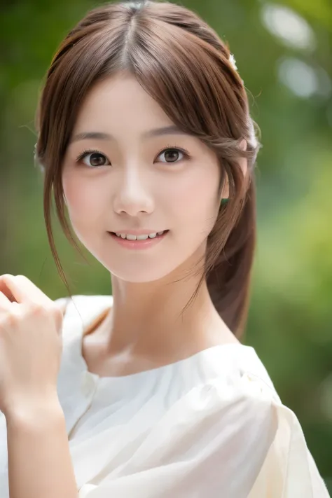 Masterpiece, high quality, high resolution, 8K, ((Skinny Japanese woman in a costume which consists of a short-sleeved white shirt and a light-brown long skirt)), beautiful face, natural makeup, detailed face, detailed eyes, a photo that feels endearing