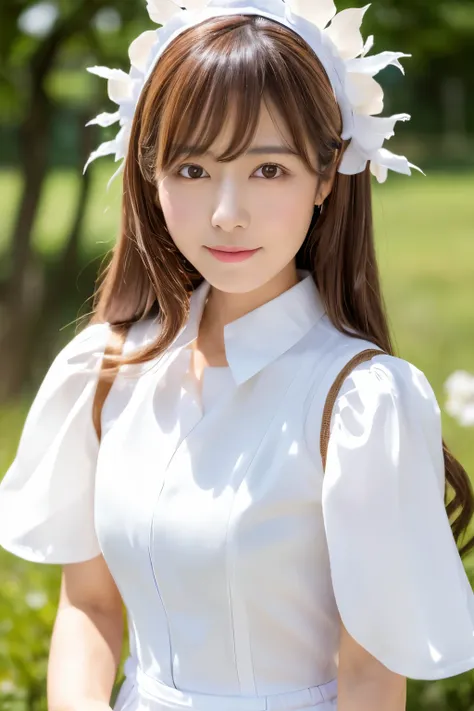 Masterpiece, high quality, high resolution, 8K, ((Skinny Japanese woman in a costume which consists of a short-sleeved white shirt and a light-brown long skirt)), beautiful face, natural makeup, detailed face, detailed eyes, a photo that feels endearing