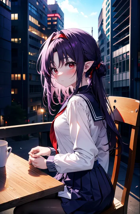 yuukikonno, Yuki Konno, hair band, Long Hair, Pointy Ears, Purple Hair,blush, Embarrassing,(Red eyes:1.5), (Small breasts:1.2), uniform(Purple sailor suit),Purple pleated skirt,White tights,Taking off tights on a chair,
break looking at viewer, Upper Body,...