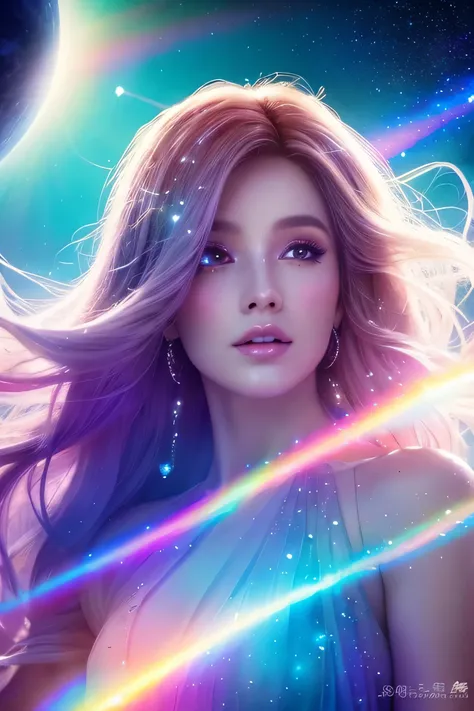 A sorceress in a cloud universe と shining stars and galaxy, Wearing an elegant, flowing dress, Surrounded by vibrant and colorful light particles, Heaven opens to a galactic vortex. Portrait Scene. she (Beautiful details) Eyes and (Beautiful details) lips....