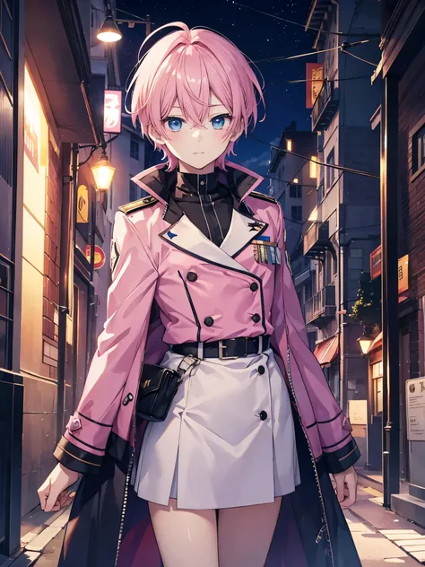 1boy, pink hair, beautiful boy, azure eyes, double-breasted military jacket, street, Holy Night, yuki