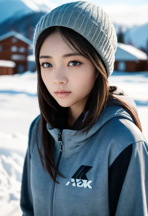 8k, highest quality, Tabletop:1.2), (Realistic, Photorealistic:1.37), highest quality, Tabletop, Beautiful young woman, Pensive expression,、attractive、And attractive facial expression, Ski、Snowboarder、Ski wear, Tie your hair back, Movie Background, Light s...