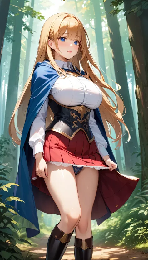 best quality,1girl,((((10 years old:1.3)))))),((big breasts:1.3)),curvy,orgasm,blush, sweat,blue eyes,blonde hair,((long hair:1.3)),straight hair,waist-cape armor,((blue cloak,white shirt,red skirt:1.3)),mini skirt,fantasy,((panty shot,lift skirt,upskirt,l...