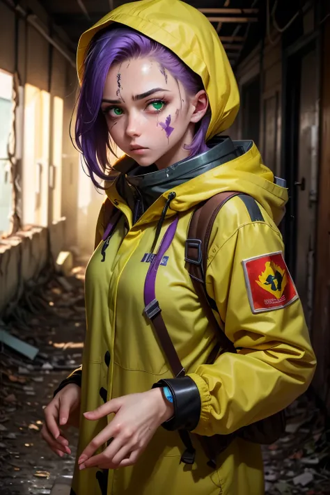 Girl in combenison, Chernobyl exclusion zone, S.T.A.L.K.E.R, purple hair, green eyes, scar above her left eyebrow, unarmed, five fingers on her left hand, five fingers on her right hand, sad.