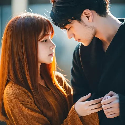 A guy with black hair and a girl with copper ginger hair, dont show their faces. make it like abook cover and aestheticly, title is "Beautiful"