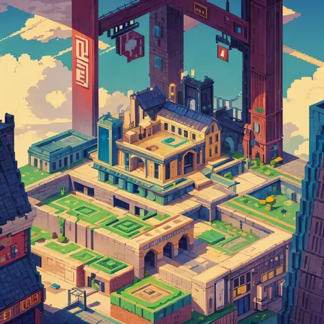 pixel art, down town, retro, warm, tiny city model, top view, cute, isotropic, game, underground, cloud, maze, factory