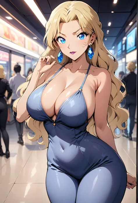 (best quality,Ultra-clear，Depth of Field, high resolution：1.3）， AND18, 1 Girl, individual, Blonde hair, blue eyes, earrings, jewelry, Big anime style，full-body shot，36 years old mature beauty，charming，Perfect body