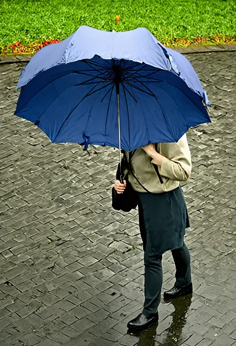 A person holding a broken umbrella 