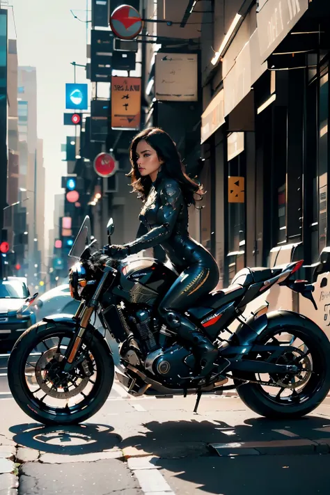 A female cyborg riding a high-tech motorcycle on the street, (side view:1.2), (best quality, high quality, absurdres, masterpiece:1.2), beautiful, intricate details, magnificent anatomy, slim body, beautiful figure, (intricate details:1.12), (intricate det...