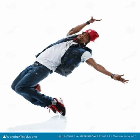 arafed man in a red hat and jeans jumping in the air, he is dancing, hip hop style, dynamic dancing pose, frantic dancing pose, hiphop, hip - hop, hip-hop, playful pose of a dancer, in an action pose, handsome hip hop young black man, white background!!!, ...