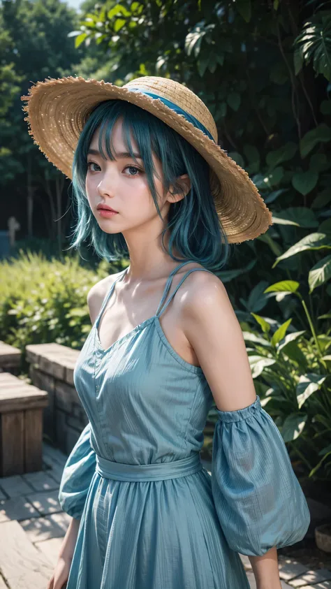 Wearing a straw hat、Blue hair anime girl in a blue dress, Artwork in the style of Guweiz, Beautiful anime portrait, guweiz, Beautiful anime girl, beautiful anime style, Anime girl with teal hair, anime style. 8k, Beauvot Art Style, Beautiful digital illust...