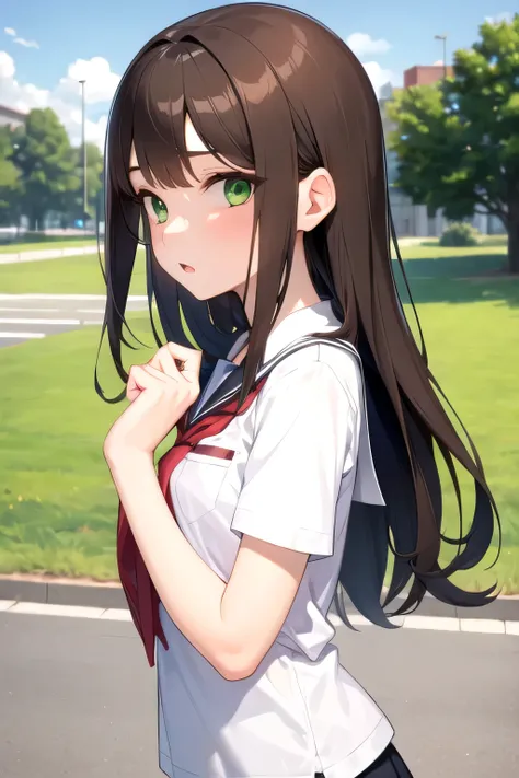 Girl, long brown hair and green eyes, wearing school clothes