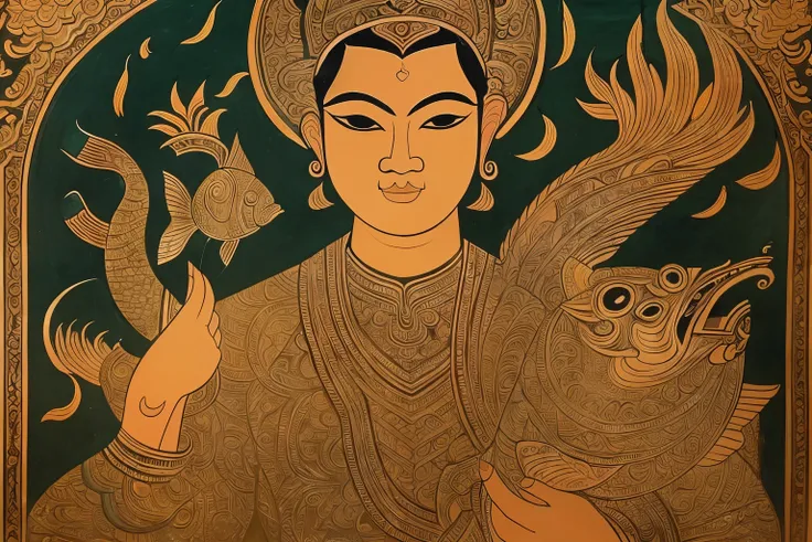 Close-up of a man holding a fish, Thai art, Javanese legend, Legendary Painting, According to Thawan Duchanee&#39;s style, snake, Year 1506, hindu art, Demon from Chinese legend, Narasimha, Buddhist art, depiction of historical art, From the Ramakien, pers...