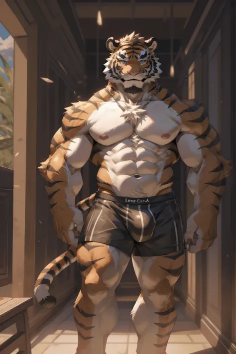  Solo, (bara:1.2), blush, orange fur, furry, (furry male:1.5),(male focus:1.2), (muscular:1.2),(orange tiger:1.4), muscular male,detail beach background, (happy), tail, (thick thighs), detailed eyes, focus on body, tail, (very detail),handsome, good anatom...