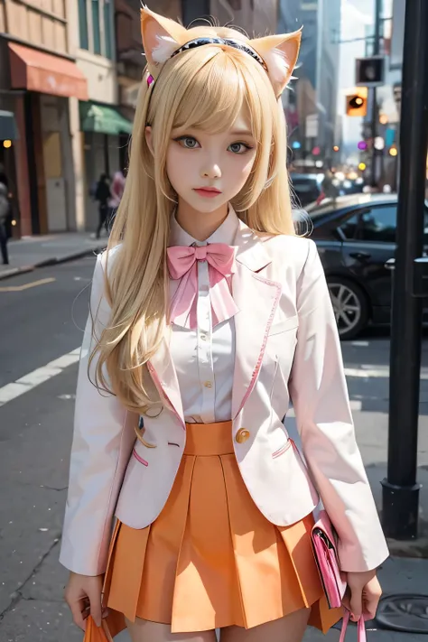 A girl, casual style , long blonde hair, Left bangs, with pink and white suit , orange skirt, very detailed faces, (fake cat ears),