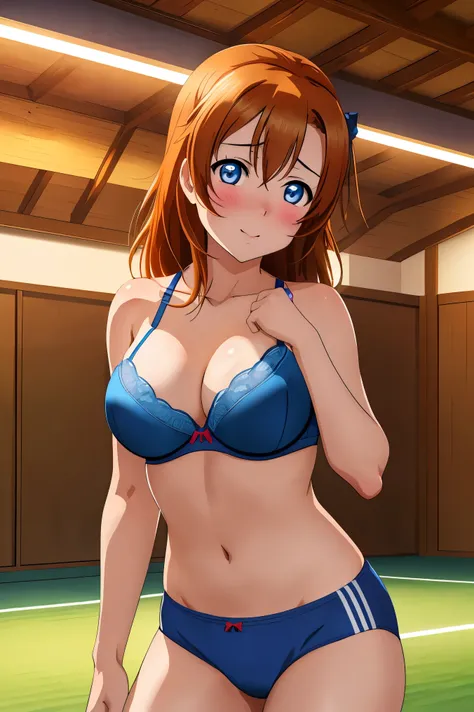 masterpiece, best quality,8k wallpaper, kousaka honoka, blue eyes,(large breasts:1.0),bra , panties , glowing eyes, cowboy shot, sexy, sexy pose, standing,embarrassed, blushing, in training hall, after workout