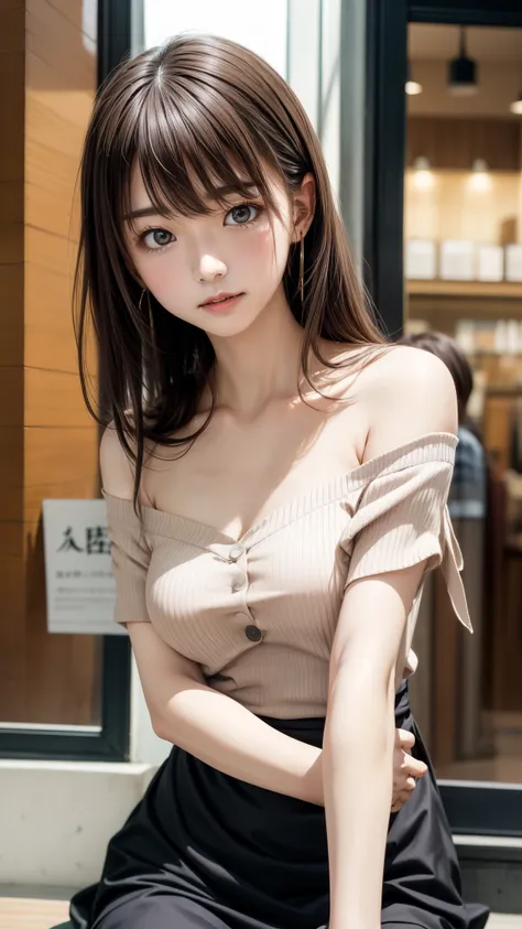 8K quality、High resolution、Realistic skin texture、High resolutionの瞳、Seated man、Woman embraced by a man、A female cafe owner seduces a male customer、Brown long hair、、Ring piercing of the earlobe、A neat red blouse dress、Dignified face、thin、Model Body Type、Rip...