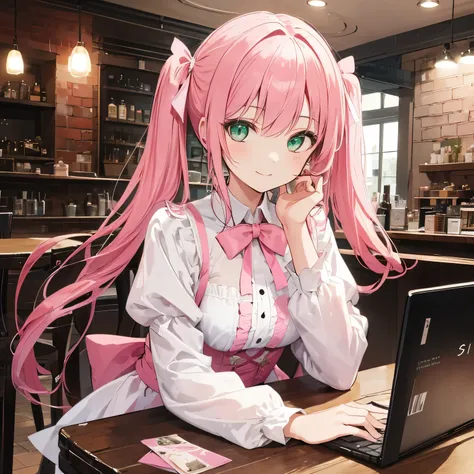 One girl,Jewel Eyes,Beautiful arrangements and motifs、Slight、Game character design、Written boundary depth , wonderful, beauty、Transparency、Game character design、(One Girl:1.0)、Pink Hair、Twin tails、(Straight Hair)、cute、Upper Body、Green Eyes、Inside the cafe、...