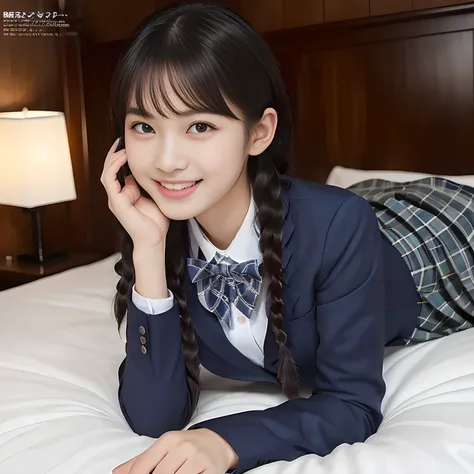 (highest quality、masterpiece:1.2)、highest quality、Realistic、photograph、High resolution、1080p、8K、Physical Rendering、((Height: 158cm)), two Japanese girls、((((((A 16 year old beautiful Japanese magazine fashion model is lying on her bed looking at the viewer...