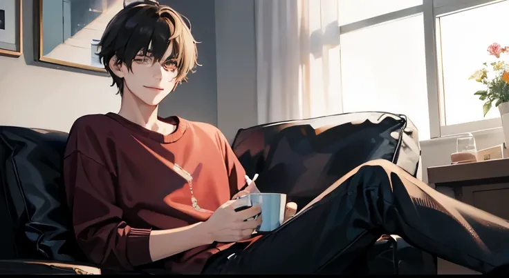 masterpiece、highest quality、Movie Stylan sitting on the couch、20-year-old male、Gentle smiling man、Little cat curled up on his lap、Bokeh Background,I have a cup