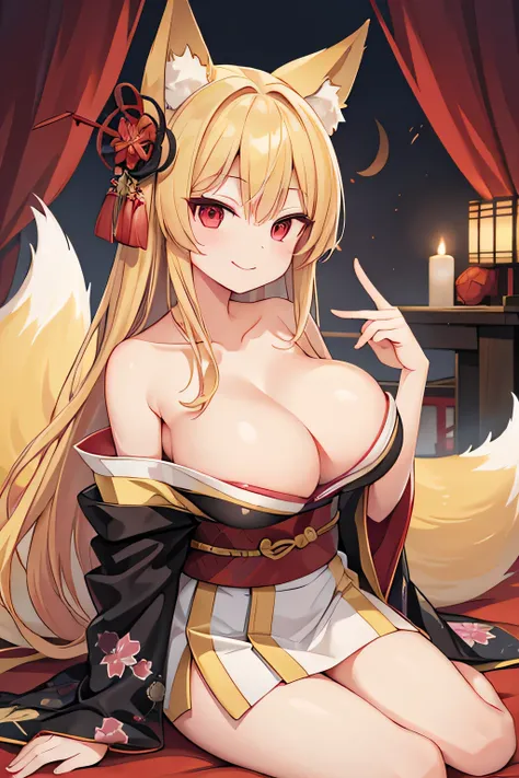 highest quality、smile、Big Breasts、Cleavage、Fox ears、Long blonde、Red Eye、kimono、Japanese-style room、Sword in right hand