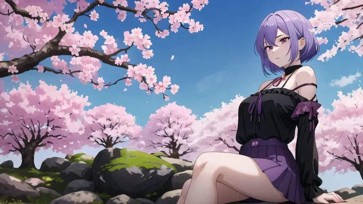 young woman with light purple hair is sitting on a rock under a cherry blossom tree, sakura tree, oriental landscape with a magnolia tree, light purple hair, short girls hair, shoulder length hair, evil looking girl, short blouse with a neckline, neck, sho...