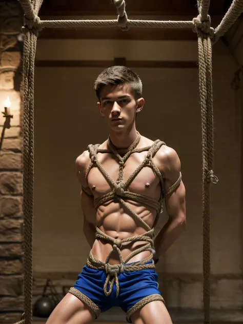 (((18 year old shirtless, very skinny twink))), fair hair, handsome face (((wearing gym shorts))) biceps flexed, kneeling, ((((Trussed up completely with rope)))), ((((very tight rope crossed over chest)))), sweating, wet skin, Afraid in a dungeon with can...