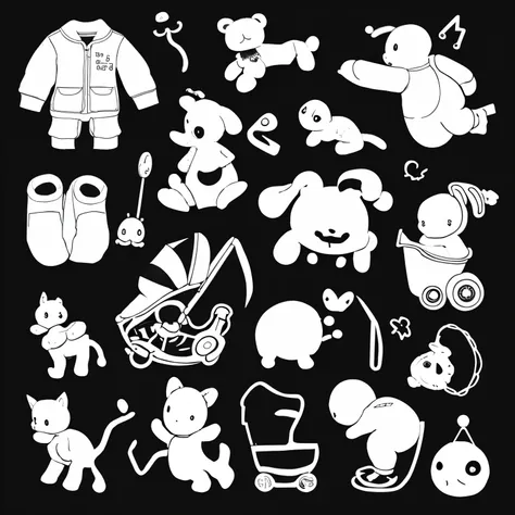 Illustrations of many baby toys in black、White background color