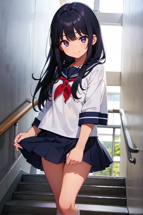 school stairs　elementary school girl, 8 years old　flat chest, black hair, long hair, purple eyes　smile　white upper body, short-s...