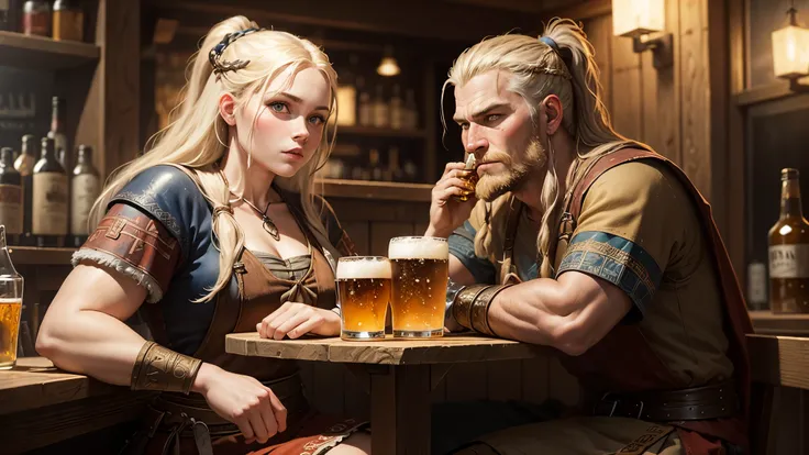 Oil painting of Viking man and Girl, sitting at a Bar, drinking beer. painted portrait of a viking, viking style, viking culture, viking shaman, 