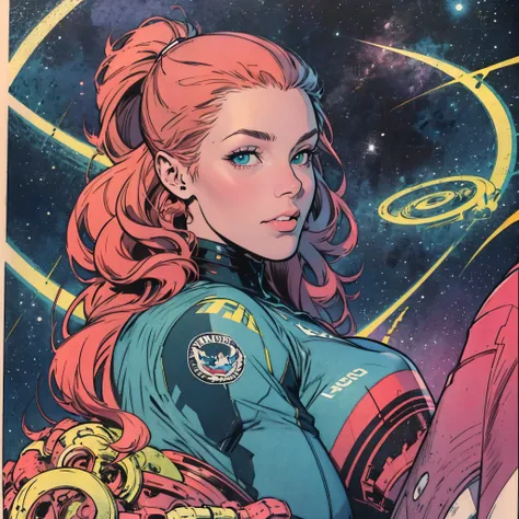 ultimate best quality,beautiful woman,speech bubble,big brest,galaxy,60s,70s,80s,colorful,cosmo,space,((Heterochromia))