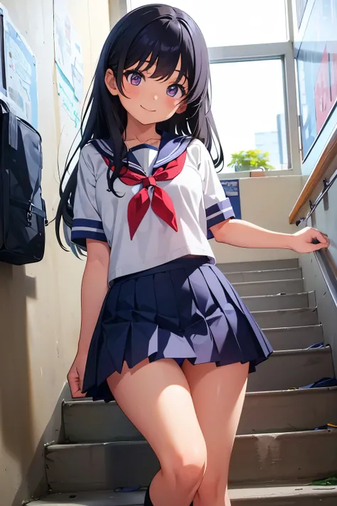 School stairs　Elementary school girl, 8 years old　Flat chest, black hair, long hair, purple eyes　smile　White upper body, short-sleeved sailor uniform　Navy blue mini skirt and white panties （（I can see her panties）） White socks　sports boots　School stairs　St...