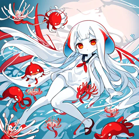 In the sea,squid,Squid Personification,White clothes,White skin,White Hair,Red spider lily,Bright lighting