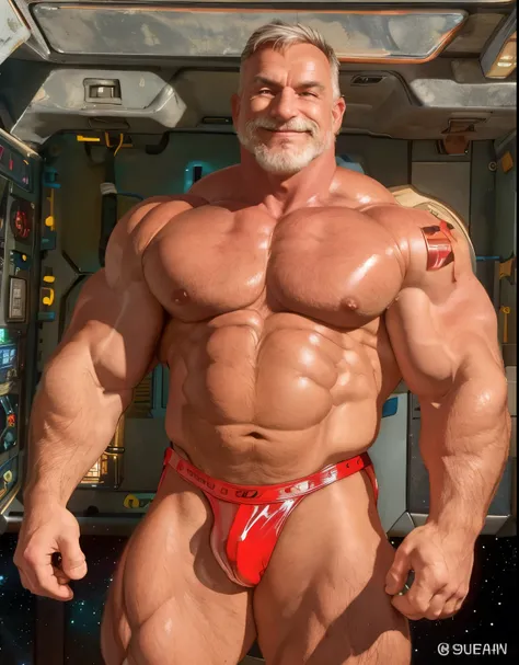 full body portrait, strong burly hairy mature older man(space captain), wearing futuristic captains uniform insignia (neon and black) (open and revealing) (latex) , gray hair, broad shoulders, round belly, thick feet, bulging micro thong, barefoot, scifi s...