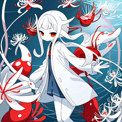 In the sea,squid,Squid Personification,White clothes,White skin,White Hair,Red spider lily,Bright lighting