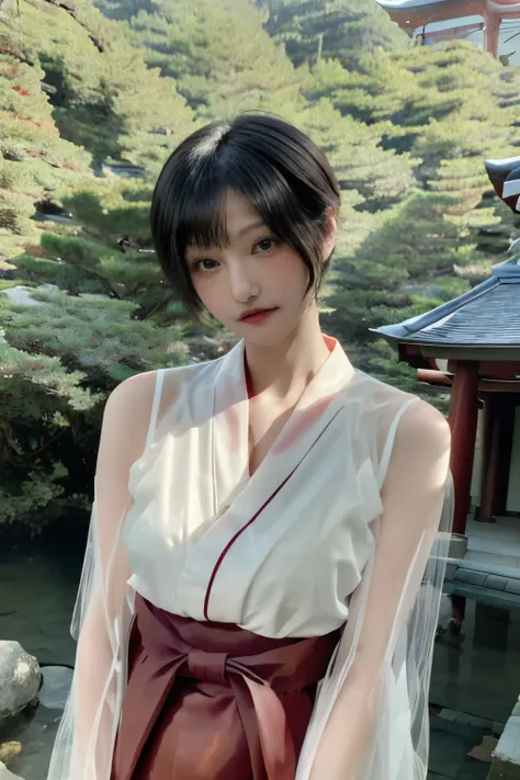 Masterpiece、highest quality、Woman 1、Long-limbed woman、Photo realistic、Super detailed、Gravure idol　Black Hair、short hair、Straight Hair　Red Hakama、Shrine maiden、White kimono【see through】　Gravure pose　shrine