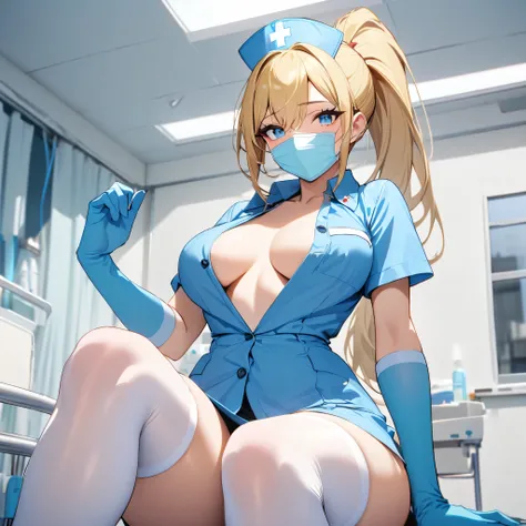 white stocking, long blonde ponytail, blue eyes, blue nurse costume, blue medic gloves, medium breast, in hospital, sexy attire, medic blue face mask, thick thights, unbuttoned, 1girl, nurse pose